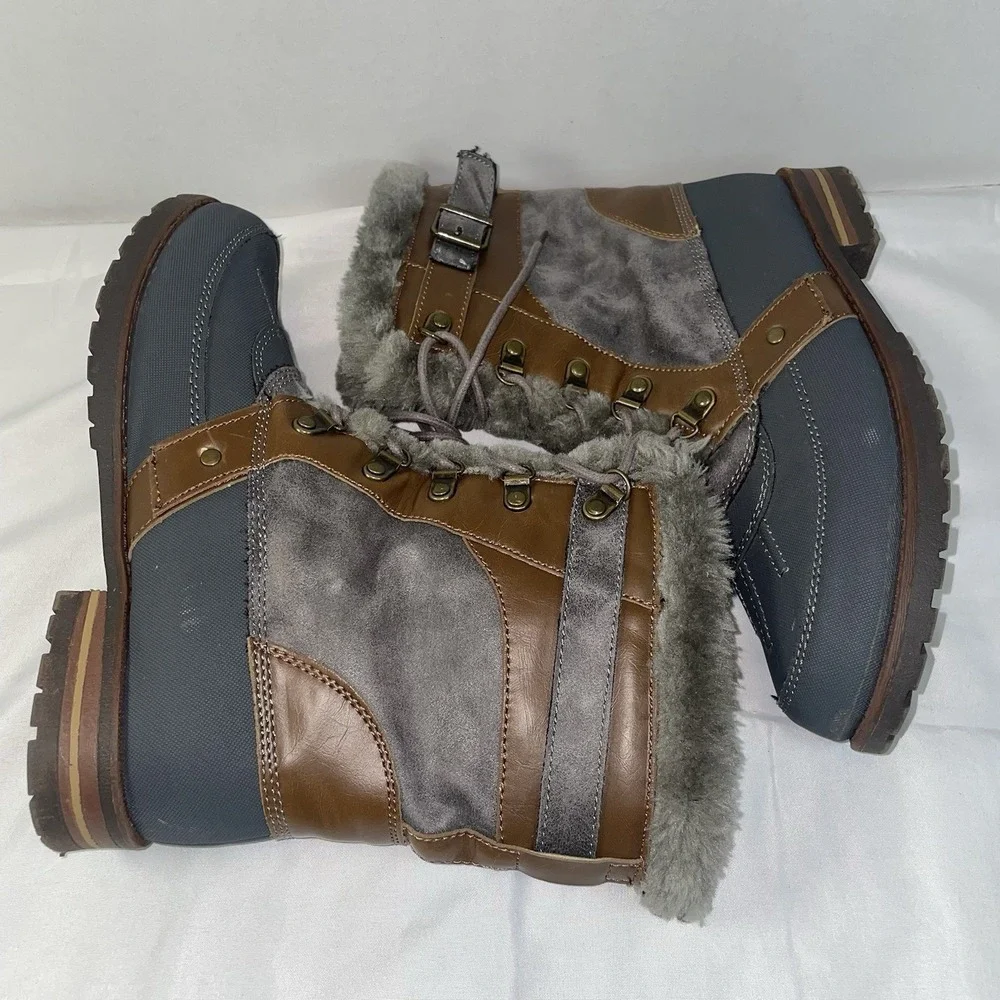 Rock & Candy Danlea Grey Brown Faux Fur Lined Lace Up Winter Duck Boots Size 9M